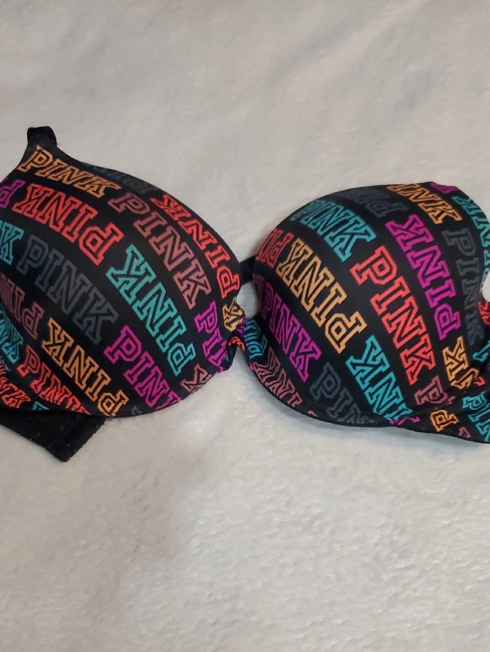 PINK Victoria's Secret Black Multicolor Logo Push-Up Bra Sz. 34DD